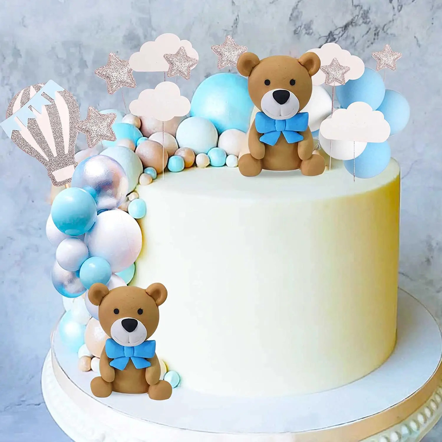 

Blue Teddy Bear Cake Decoration 46Pcs/Set Cartoon Teddy Balloons Cake Topper Kids Boys Happy One 1st Birthday Baby Shower Decors