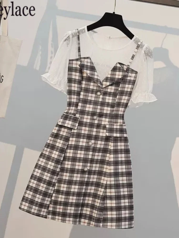 

Женские винтажные клетчатые платья-миди Ofice, летние платья во французском стиле в стиле пэчворк, женское корейское платье из двух частей