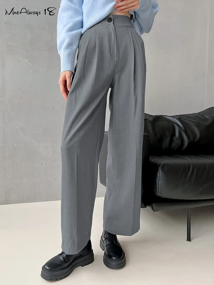 

Классические серые плиссированные брюки Mnealways18, женские офисные брюки до пола с высокой талией, черные широкие брюки, Деловые женские длинные брюки
