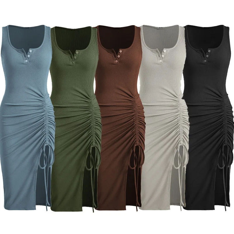 

Elegant knitted Ruched Dress For Women Robe Summer Split Sleeveless Drawstring Club Party Sexy Dress Female Irregular Vestidos