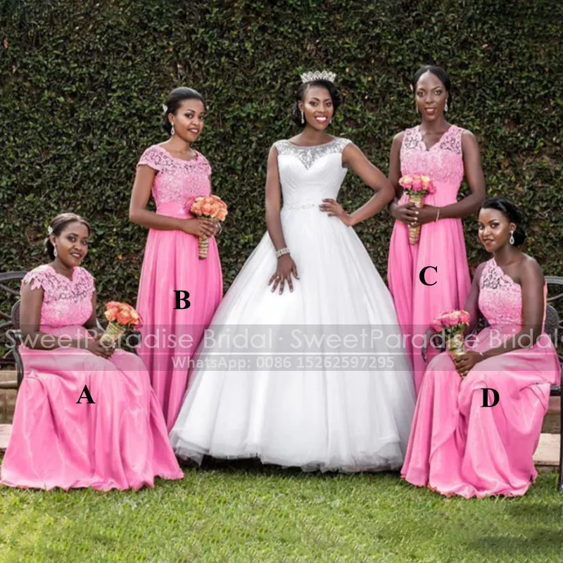 

Sheer Lace A Line Bridesmaid Dresses With Capped Sleeves Appliques V Neck Dark Pink Satin Women Long Maid Of Honor Party Dress