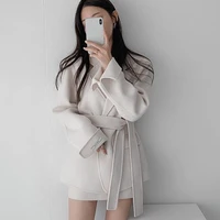 new style 2021 retro western style lapel tie waist suit woolen coat korea chic autumn and winter fashionable womens clothing