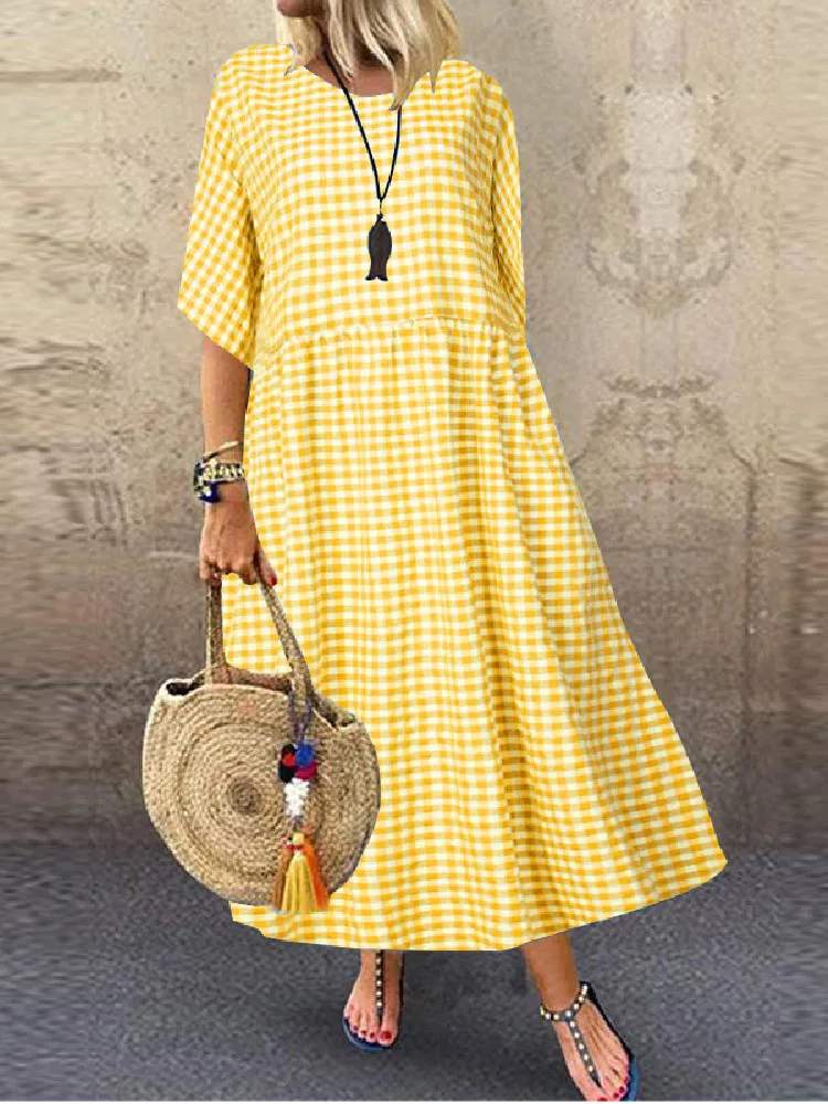 ZANZEA-Vestido largo de lino y algodón para mujer, traje bohemio Vintage a cuadros, informal, para playa y fiesta de verano, 2022