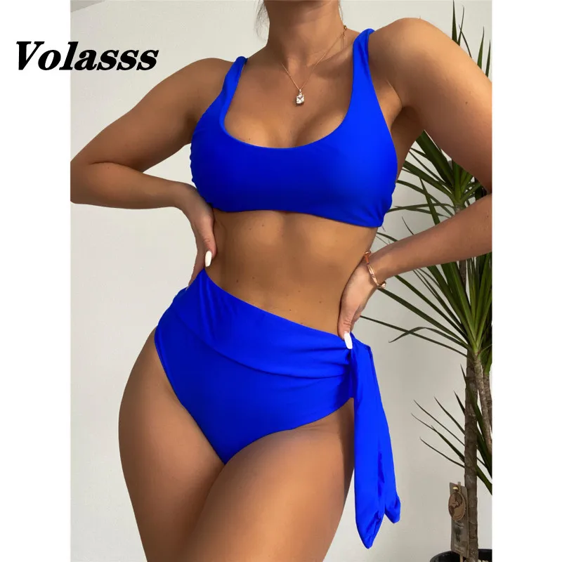 

Sexy Solid Color Swimsuit Women Two Pieces High Waist Bikini New Lace Up Beachwear Push Up Swimwear Female Bandage Bathing Suit