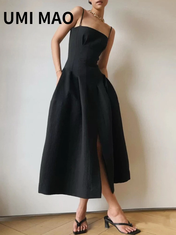 

UMI MAO Women's Clothing Designer 2022 Summer Temperament Waist Thin Profile Black Suspender Dress Femme Y2K