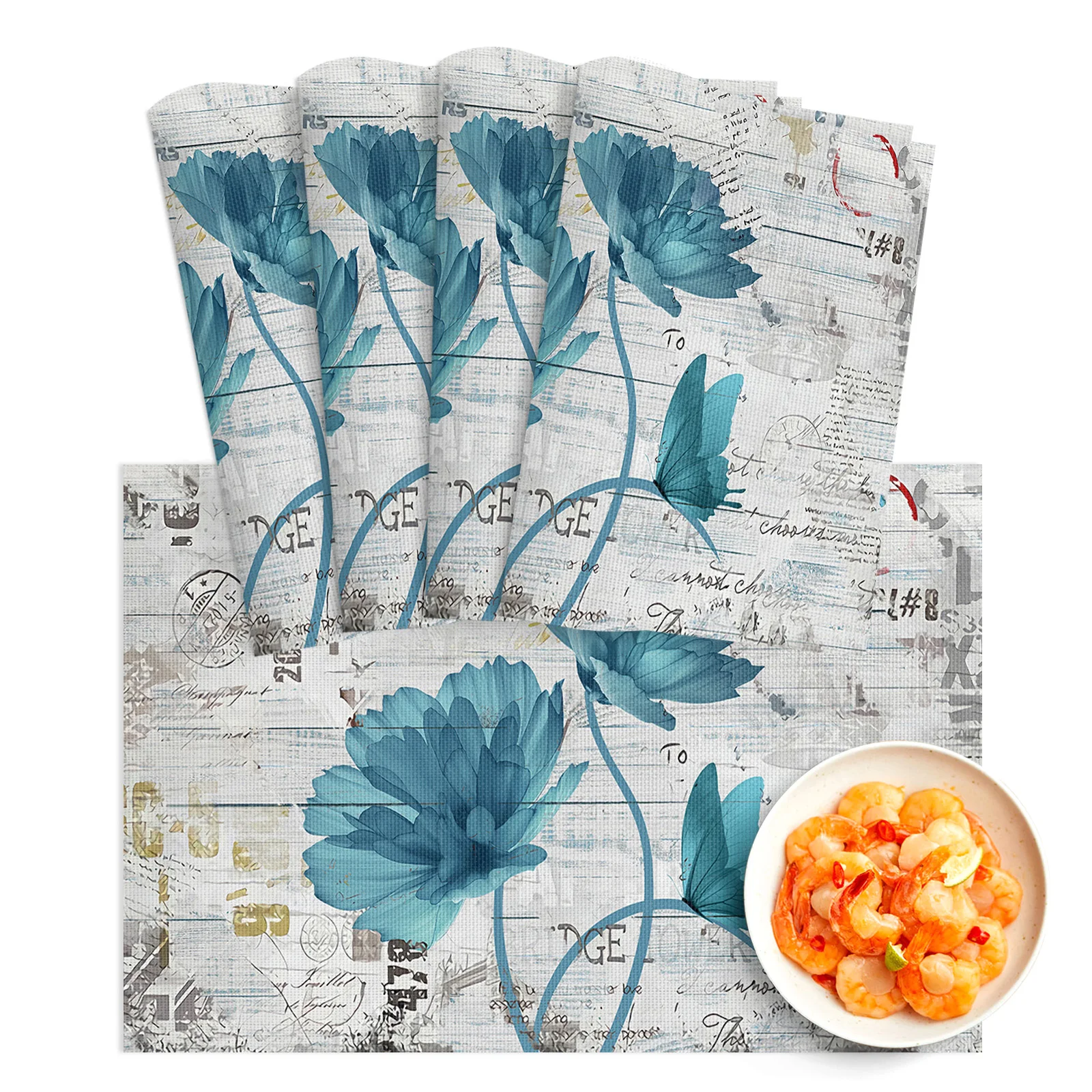 

4/6pcs Placemat Plant Rose Flower Retro Old Newspaper Restaurant Kitchen Accessories PVC Dining Table Mats Disc Bowl Coaster Pad