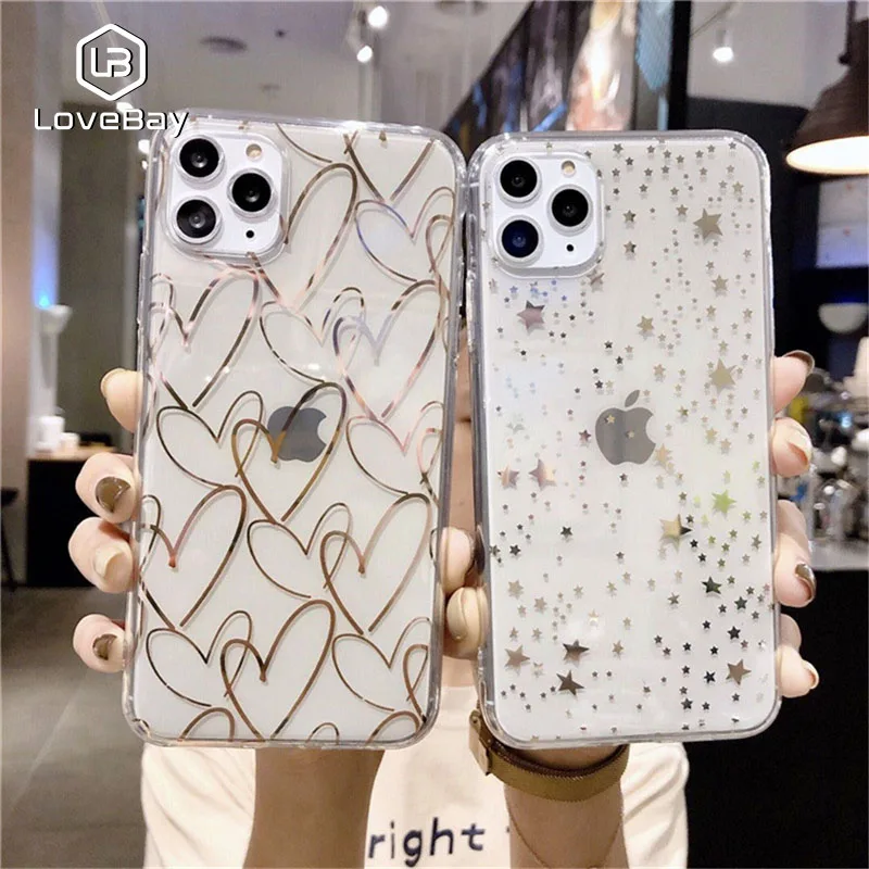 

Lovebay Glitter Stars Case For iPhone 13 12 11 Pro Max X XR XS Max 7 8 Plus SE 2020 Transparent Ploka Dots Wave Point Back Cover