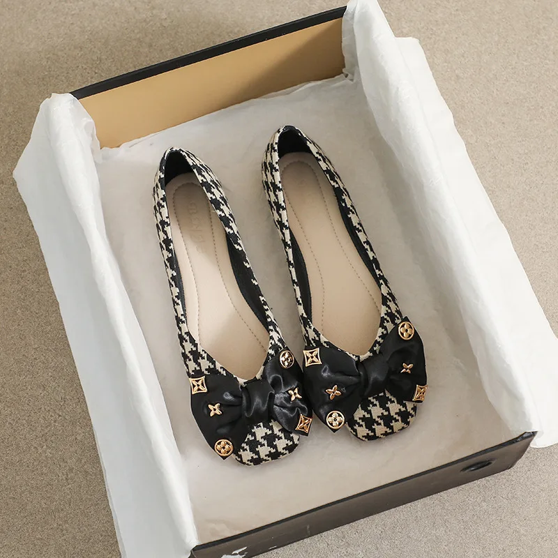 Square Toe Retro Houndstooth Single Shoes Women's Korean Version Bow Flat Beanie Shoes Soft Bottom Shallow Mouth Women Shoes