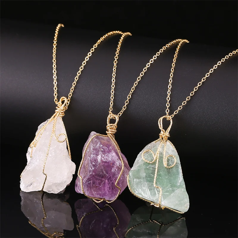 

Natural Irregular Raw Stone Pendant Necklace Reiki Healing Crystal Unpolished Rough Stone Wire Wrapped Jewelry Gift 1 PCS