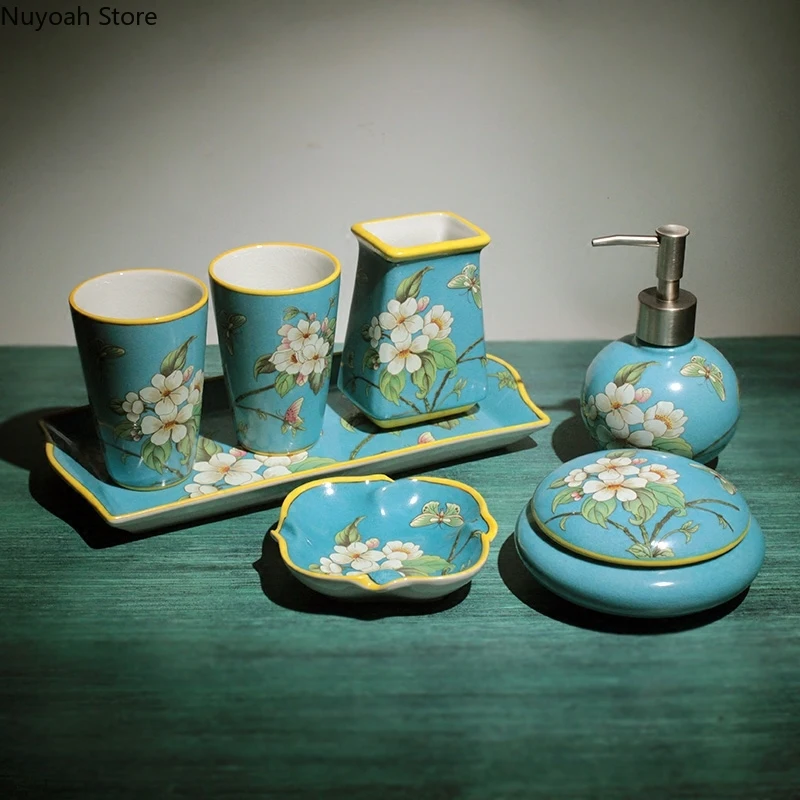 

Flower Ceramic Bathroom Kit Toothbrush Holder Bathroom Decoration Lotion Bottle Soap Dish Toothbrush Cup Bathroom Decoration