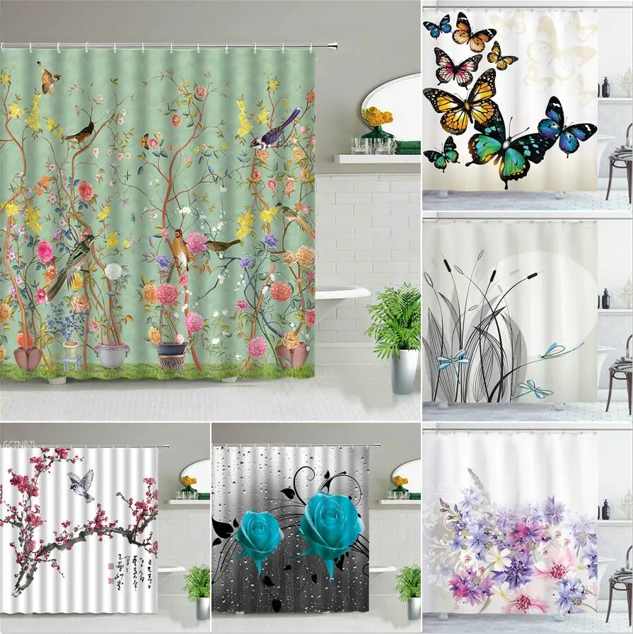 

3D Scenery Flower Shower Curtains Elegant Modern Chic Roses Sunflower Cactus Floral Plant Bath Curtain for Bathroom Home Decor