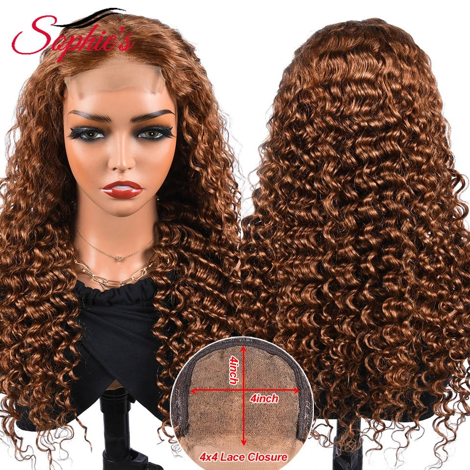 Sophies 4*4 Lace Front Deep Wave Wig Color 30 T Part Lace Wigs Human Hair Brazilian Hair 10-26 Inch 180% Density Wigs Remy Hair