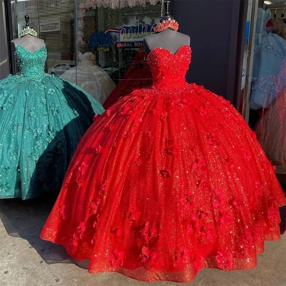 

Sweetheart Quinceanera Dresses For 15 Party Fashion 3D Flower Gillter Net Formal Cinderella Birthday Gowns HOT