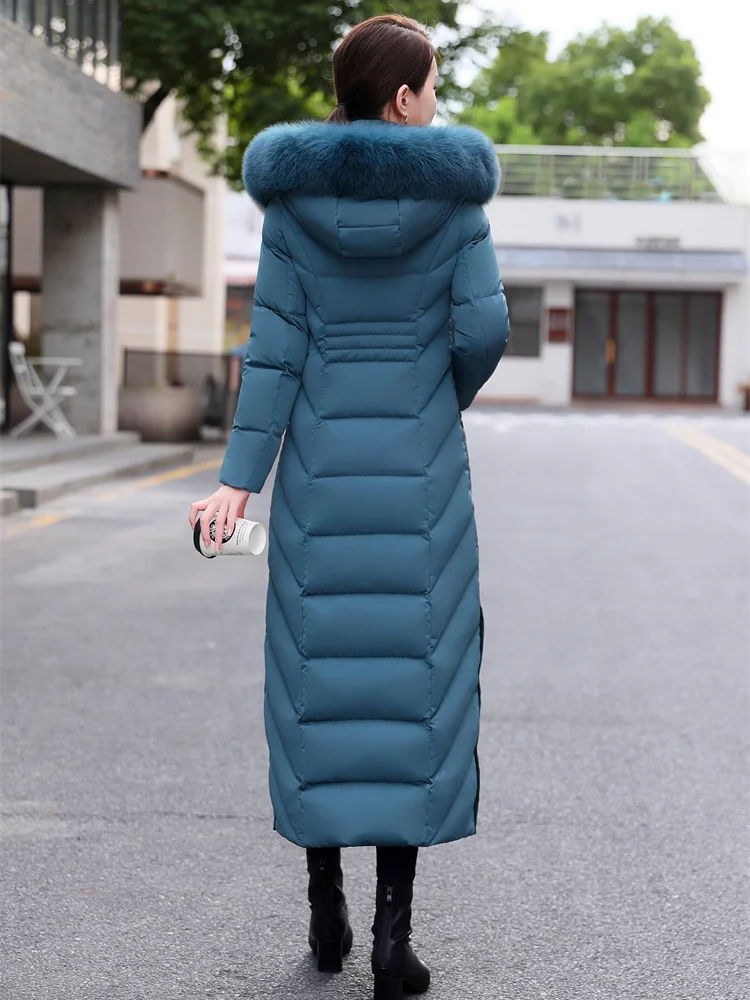 New Women Down Coat Winter Fashion Detachable Hooded Real Fox Fur Collar Thicken Warm Lengthened Down Jacket Slim Overcoat