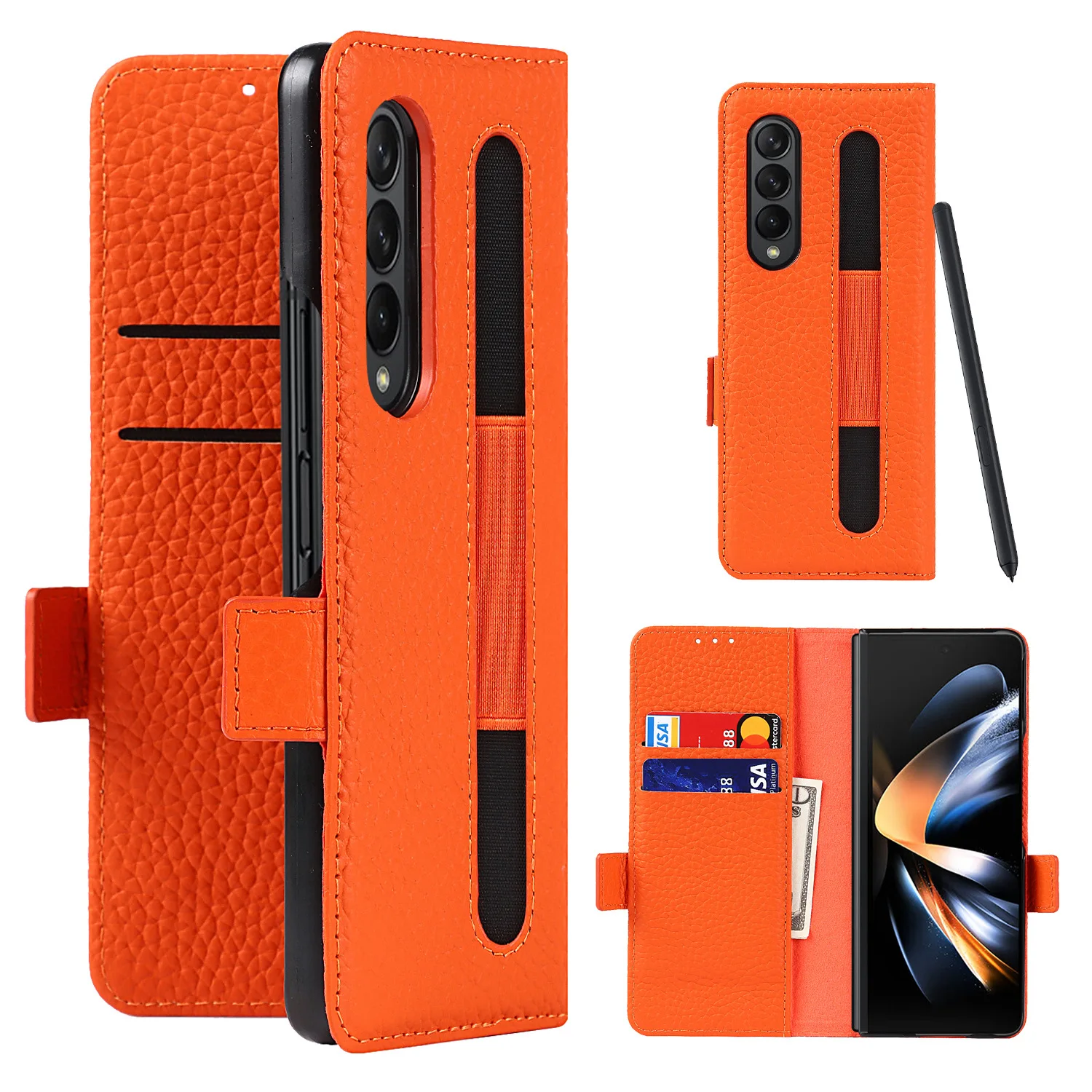 

Genuine Leather Wallet Flip Case For Samsung Galaxy Z Fold 4 3 Magnetic Buckle Kickstand Card Pocket Holder Cover with Pen Slot