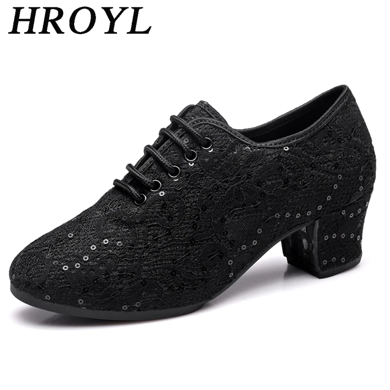 HROYL Ballroom Latin Dance Shoes For Women Breathable Lace Mesh Salsa Dancing Shoes Casual Sneakers Rubber Sole For Outdoors