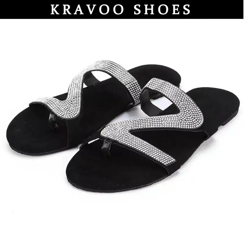 KRAVOO Women Shoes Z-shaped Rhinestone Beach Sandals For Women Flip Flops Slippers Women Plus Size Female Shoes Summer 2023