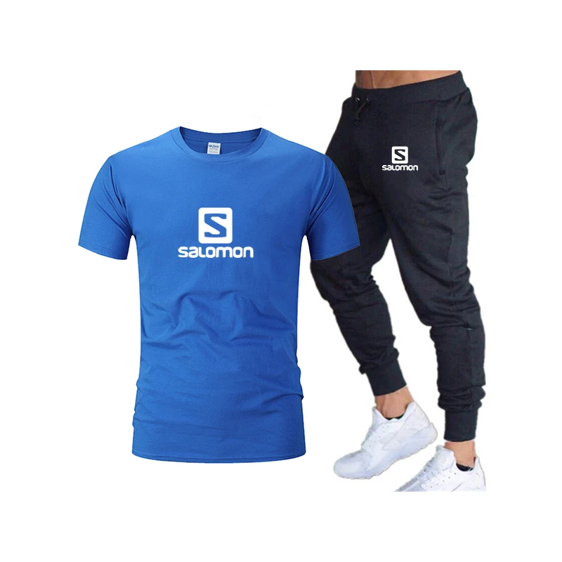 Salomon Summer Men's T-shirt Set Solid color printed Short sleeve + Stylish Tracksuit pants Quick Drying Breathable men's set
