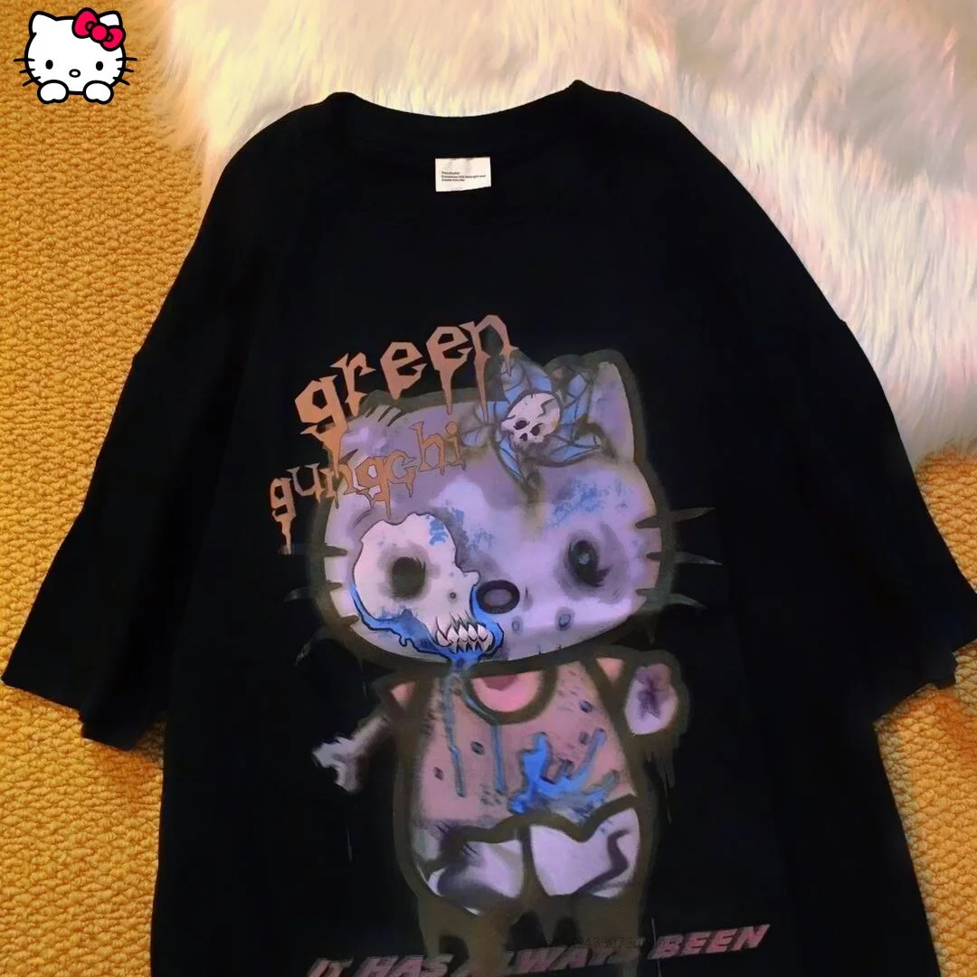 Sanrio Hello Kitty Tops Streetwear Loose Blouse Harajuku Hip Hop Dark Vintage Men And Women Couples Summer Short Sleeve T-Shirt
