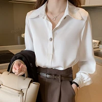 white shirt womens 2020 early spring new fashionable western style design niche long sleeved lapel top bottoming chiffon shirt