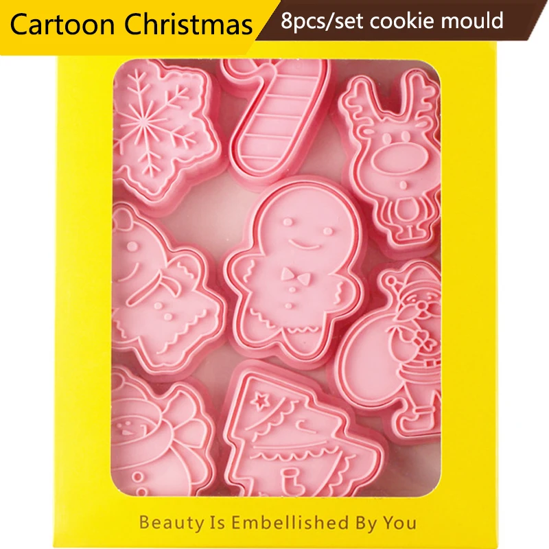 

8pcs/set Christmas Biscuit Mould Plastic 3D Cartoon Pressable Cookie Mold Cookie Stamp Kitchen Baking Pastry Bakeware Cake Tools