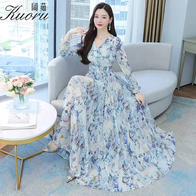 

Autumn Floral Midi Beach Dress Women Chiffon Casual Fiesta Spring Tunics Long Sleeve Fashion Elegant Party Dresses For Maxi 2022