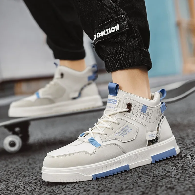 

High Top Men's Skateboard Casual Shoes PU Leather Man Flats Sneakes Street Hip Hop Male Shoe Lace Up Vulcanized Shoes for Men