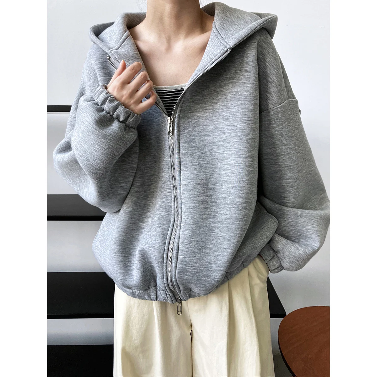 

Silhouette Design Air Layer Hoodies Outerwear For Women's Spring Wear New Lazy Space Cotton Hooded Cardigan