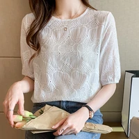 o neck shirts women summer blouses embroidered hollow office shirt female blouse work casual tops short sleeve ladies tops 012e