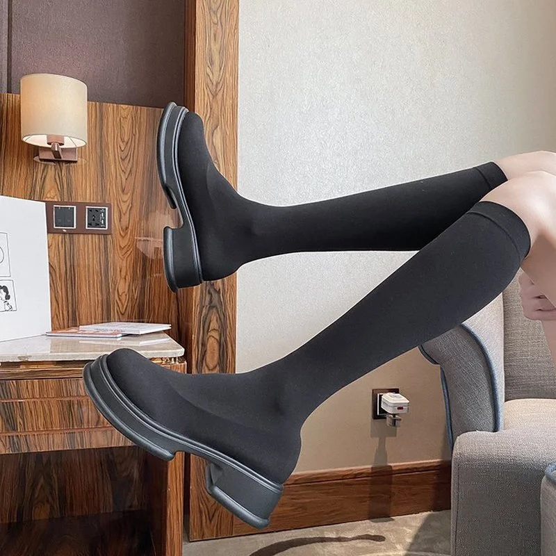 

Сапоги выше колена женские Новинка 2022 черные тонкие длинные сапоги на толстой подошве женские вязаные сапоги стрейч-носки