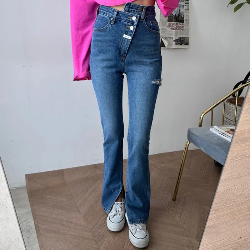 

Ripped Jeans Women High Waist Two Buttons Holes Denim Pants Chic Split Jean Korean Fashion Full Length Trousers P023