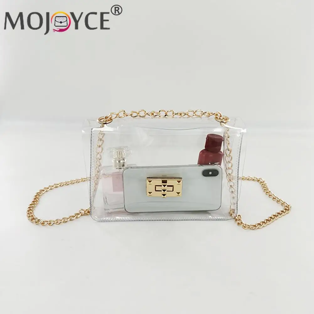 

Модная женская Прозрачная Тонкая сумка через плечо из ПВХ с металлической цепочкой, женская летняя повседневная универсальная прозрачная ...