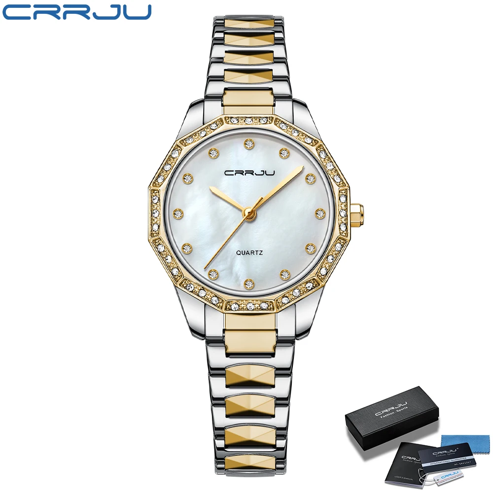 

Classic Quartz Women's Watch With Diamonds Top Brand CRRJU Reloj Mujer Girls Fashion Steel Mesh Wristwatch For Ladies Gift