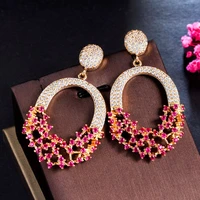 threegraces luxurious hot pink cubic zirconia gold color long big dangle drop earrings for women chic daily party jewelry e880