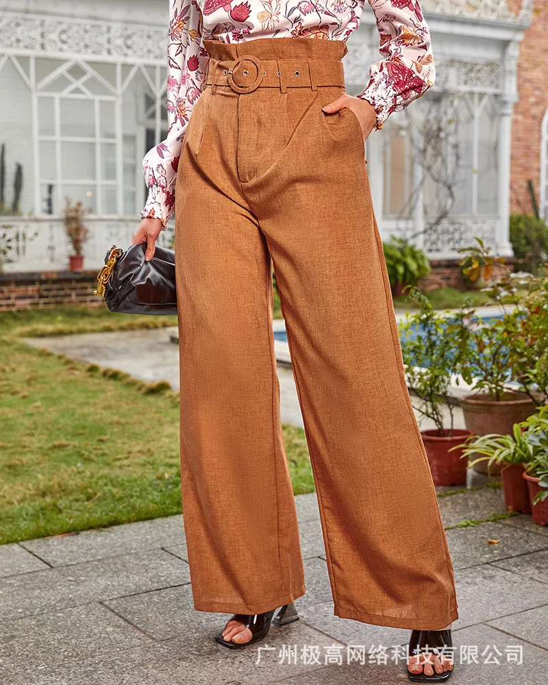 

High Waist Wide Leg Pants With Belt Solid Color Full Length Loose Office Lady Style Spring Summer Women Pants Trousers