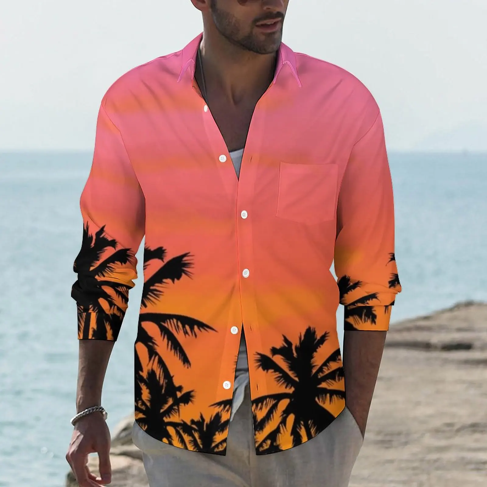 

Island Sunset Shirt Man Palm Trees Print Casual Shirts Spring Harajuku Design Blouses Long Sleeve Vintage Oversize Clothes Gift