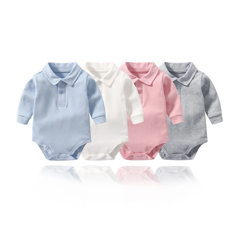 Baby Clothing Newborn 0-24Months Cotton Solid Color Lapel Collar Long Sleeve Polo Shirt Bodysuit Boy Tees