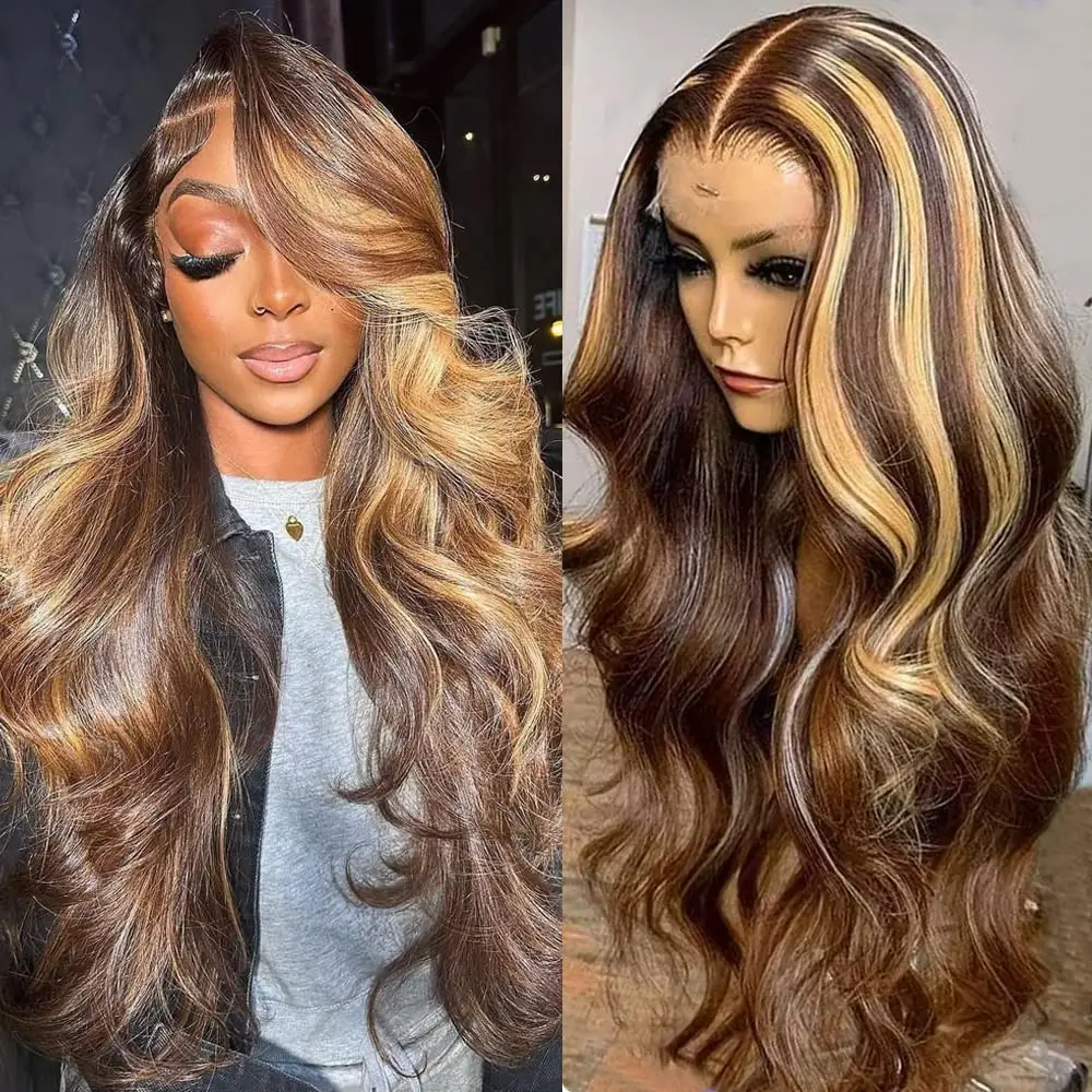 32-дюймовые объемные волны 13x6 Выделите Ombre Кружевные фронтальные парики HD 13x4 180