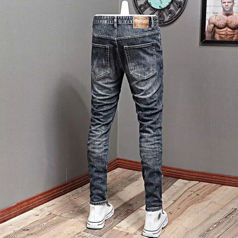 Fashion Designer Men Jeans Vintage Blue Stretch Elastic Slim Fit Ripped Jeans Men Hole Trousers Casual Retro Denim Pants Hombre