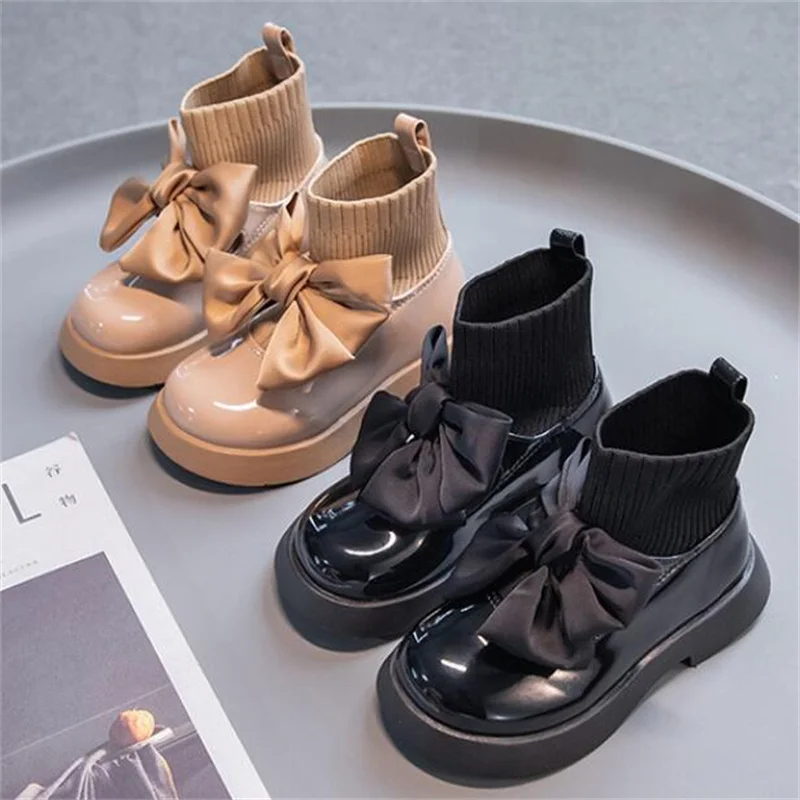 Детские ботинки осенняя кожаная обувь для девочек модные принцессы с бантом