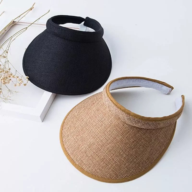 

Women Ladies Summer Weave Straw Empty Top Beach Cap Clip-On Solid Color Large Wide Brim UV Protection Breathable Sun Visor Hat