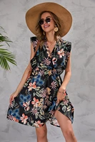 2022 new women summer long dress floral short sleeve v neck above knee casual wear night party dress clothes