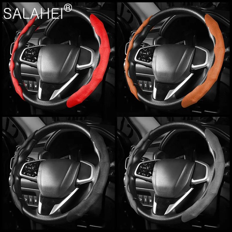 

2pcs Suede Leather Car Steering Wheel Cover Breathable Anti Slip Suitable 37-38cm Auto Universal Decoration Accessories