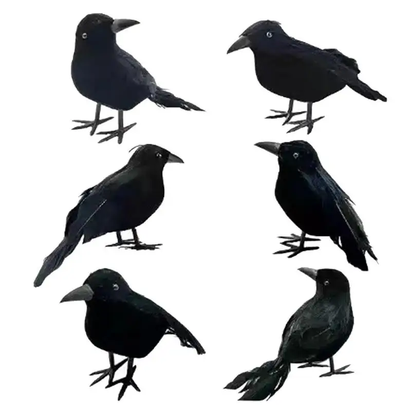 

Halloween Crows Decor 6Pcs Spooky Realistic Crows Figurines With Real Feathers Halloween Decorations For Tree Shrubbery