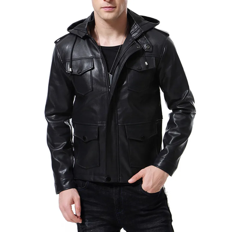 

2021 autumn new men's motorcycle hooded leather jacket /leather coat leisure high quality handsome imitation leather Tops 5XL