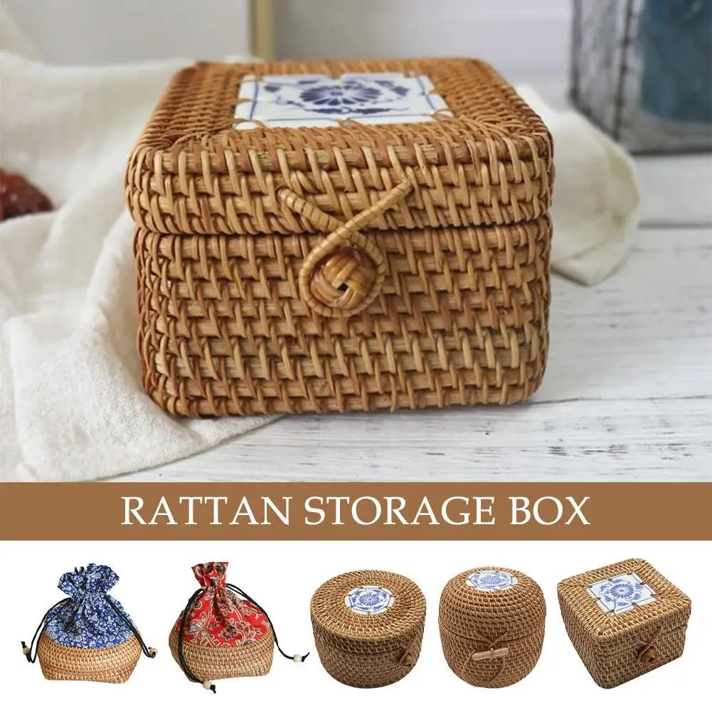 

Round Rattan Boxes With Lid Hand-Woven Multi-Purpose Wicker Tray Desktop Decoration Jewelry Storage Box Make Up Organizer Box