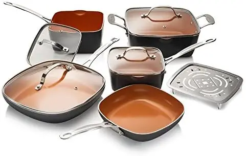 

Square Kitchen Set with Non-Stick Ti-Cerama Coating\u2013 25% More Cooking Space than Round - Includes Skillets, Fry Pans, Stock