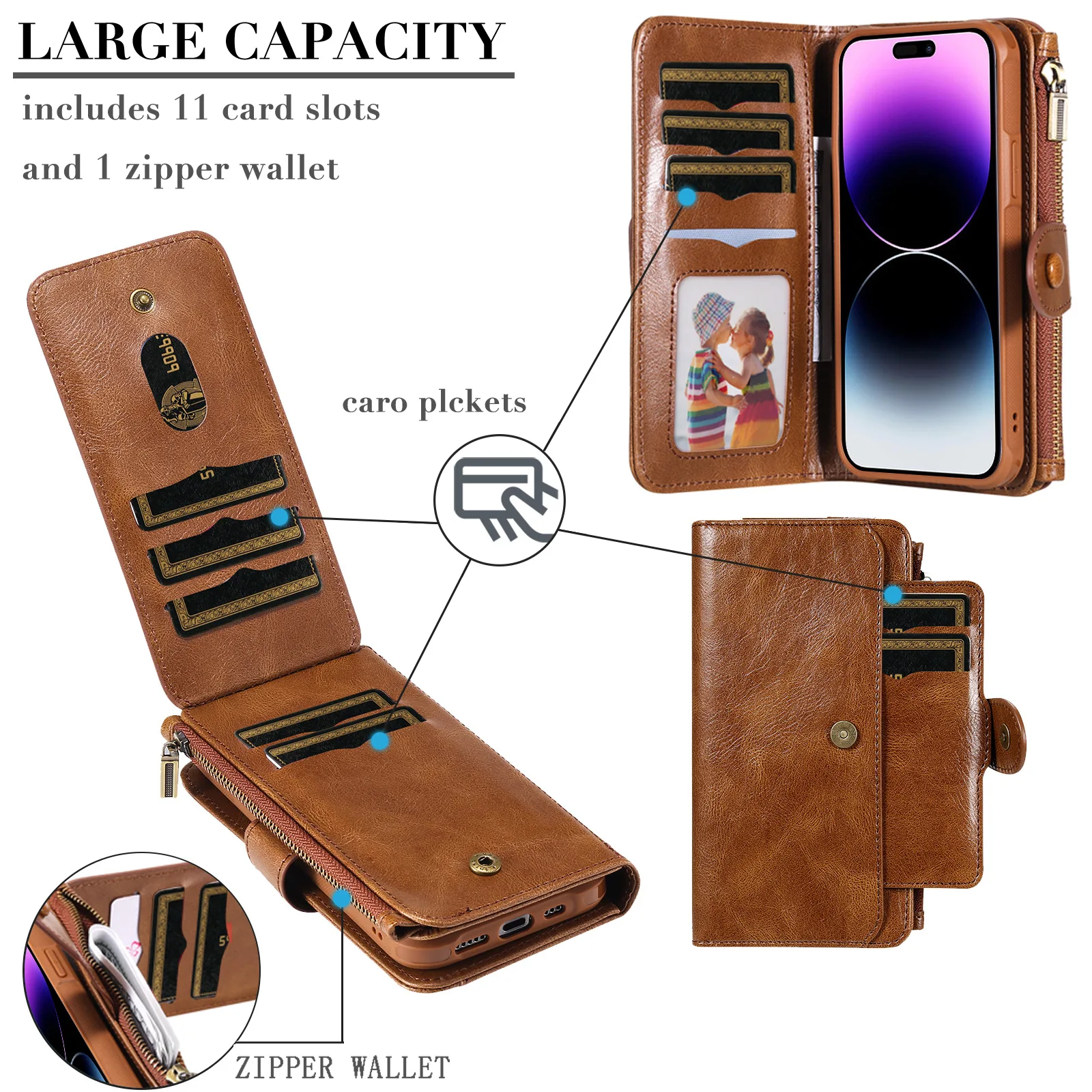 Деловой кожаный флип-чехол на молнии для телефона iPhone 15 Pro Max 13 12 11 14 Plus