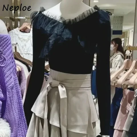 Neploe Preppy офисный женский пуловер с разрезом в горошек, вязаная вуаль в стиле пэчворк, вязаный японский свежий универсальный топ на шнуровке с оборками