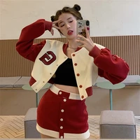 harajuku babes streetwear single breasted color contrast suit high waist mini skirt vintage baseball uniform red two piece suit